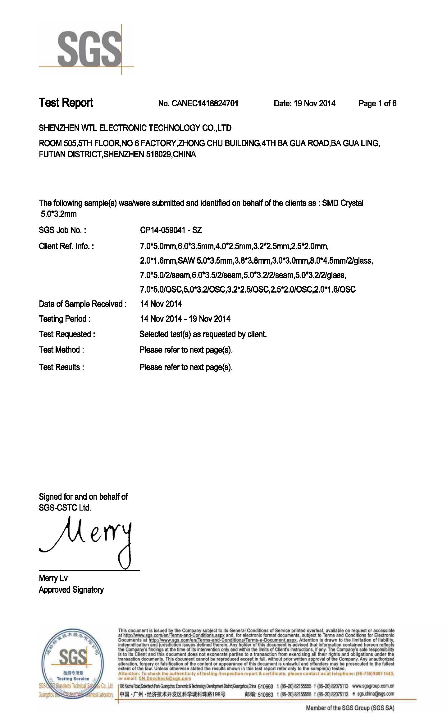 SGS certificate for WTL SMD crystal 5.0x3.2mm.